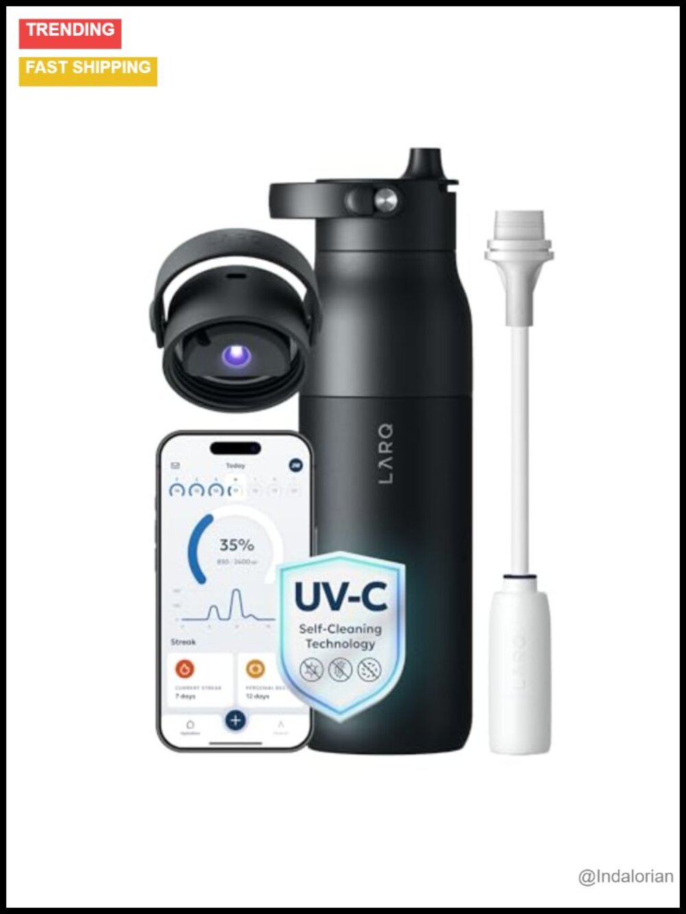 Self-Cleaning UV-C Insulated Water Bottle with Filter Straw, 24h Cold, USB-C,